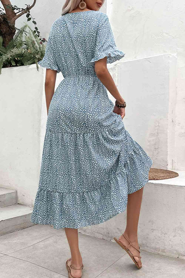 Printed Tassel Tie Flounce Sleeve Dress -BazaarBey - www.shopbazaarbey.com