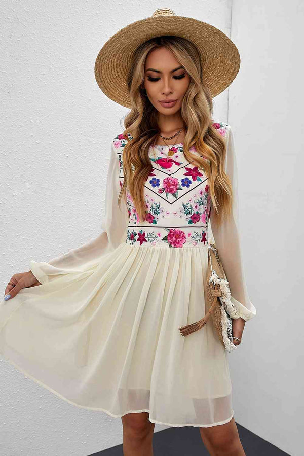 Floral Mesh Sleeve Lined Dress -BazaarBey - www.shopbazaarbey.com