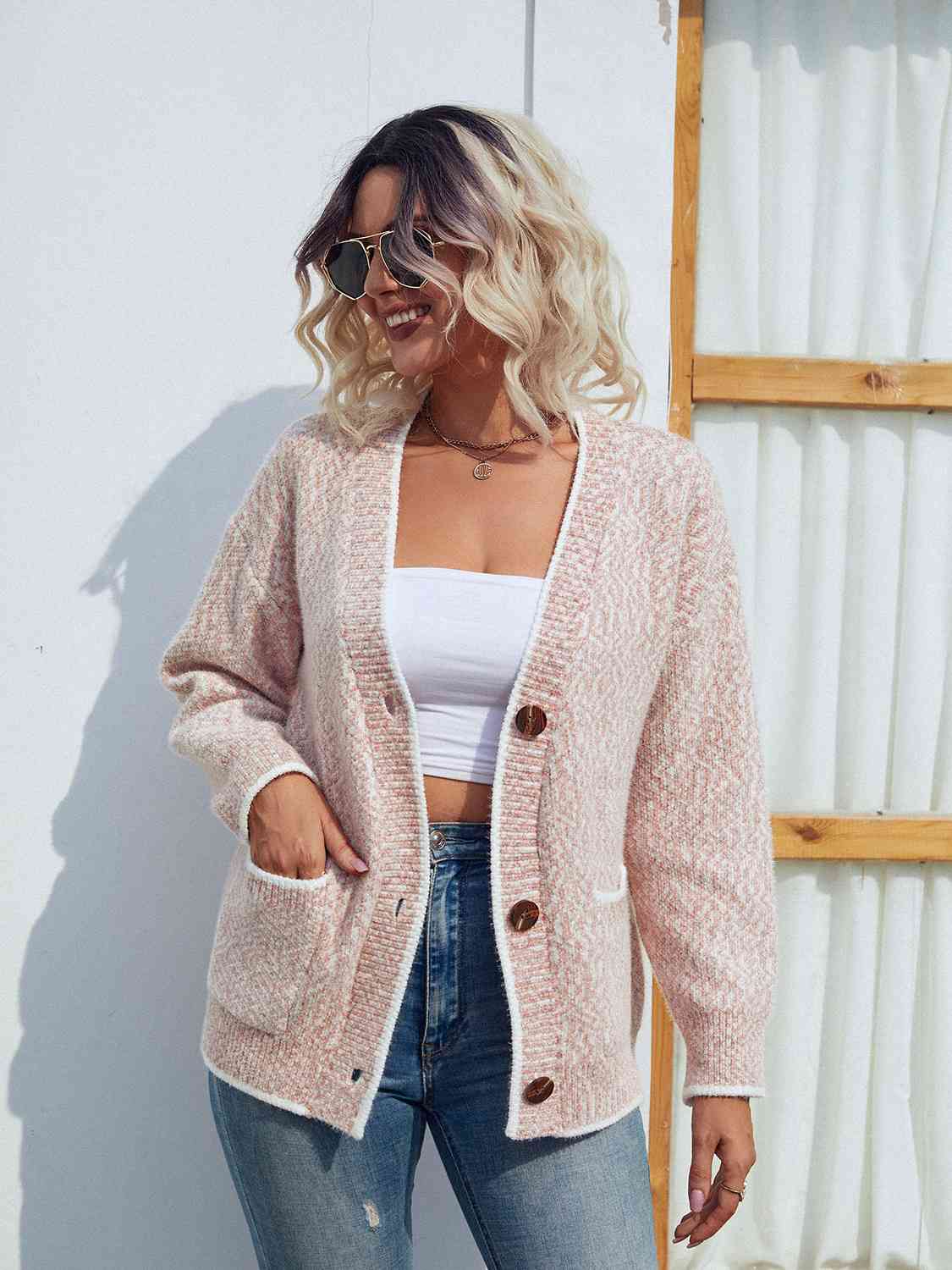 Button Down V-Neck Cardigan with Pockets Trendsi