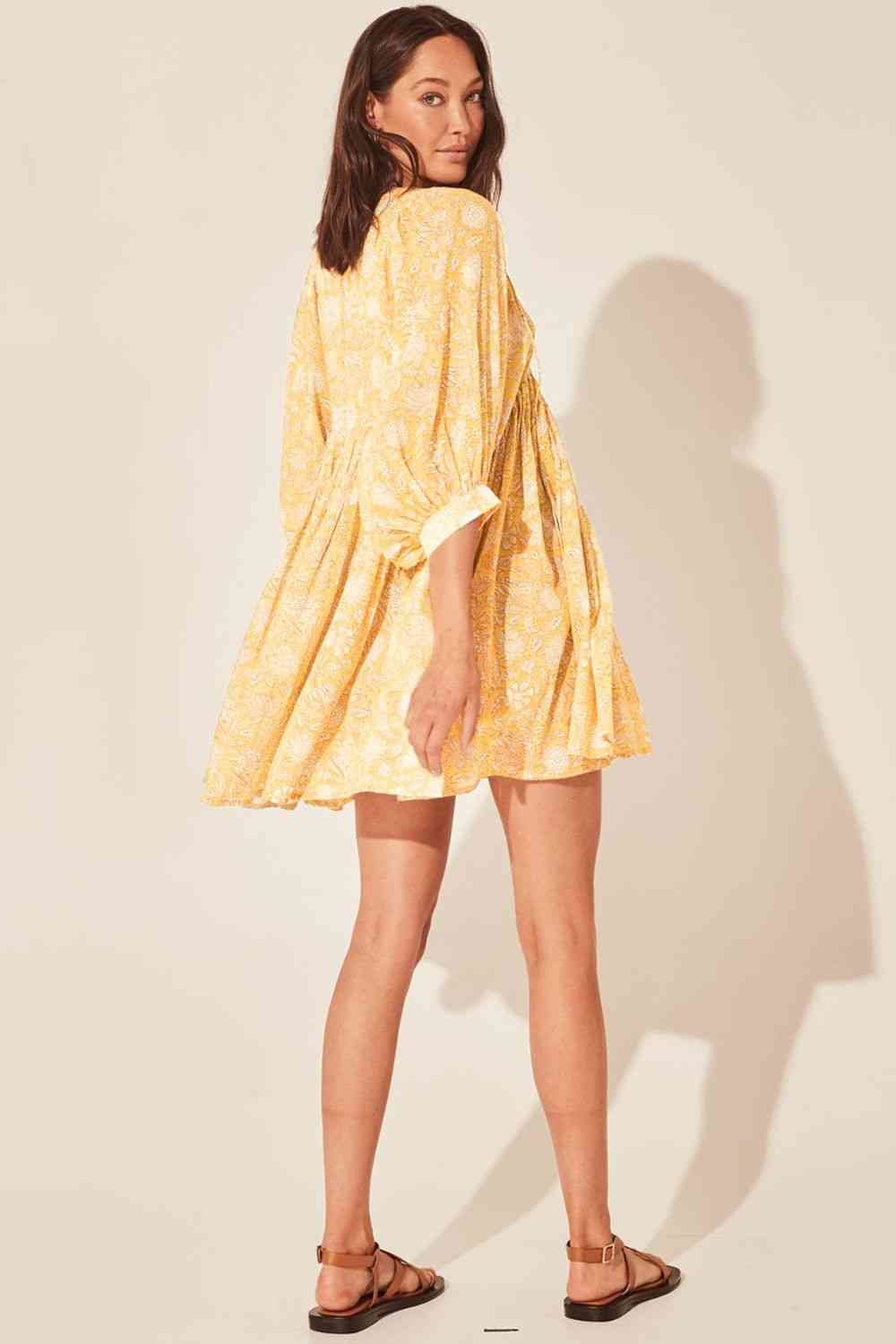 Floral Tie Neck Lantern Sleeve Dress -BazaarBey - www.shopbazaarbey.com