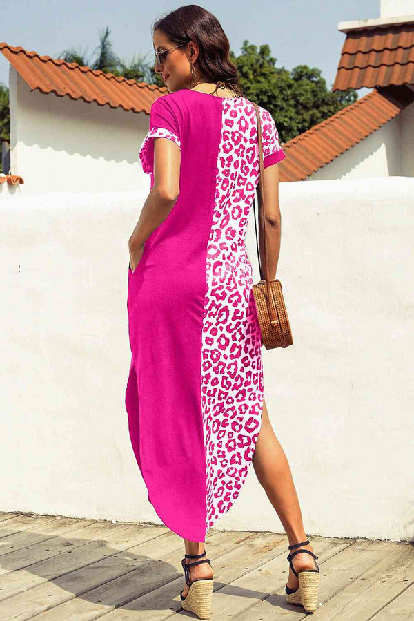 Leopard Color Block Split Dress -BazaarBey - www.shopbazaarbey.com