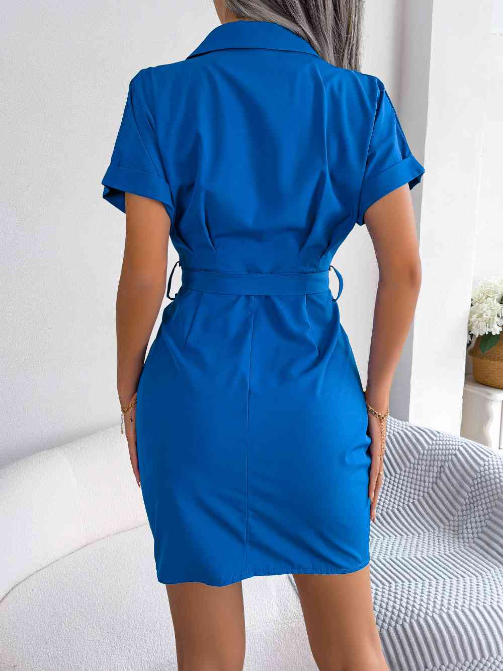 Button Down Ruched Tie Belt Dress -BazaarBey - www.shopbazaarbey.com