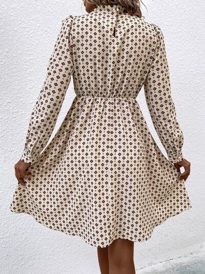 Printed Ruched Mock Neck Long Sleeve Dress -BazaarBey - www.shopbazaarbey.com