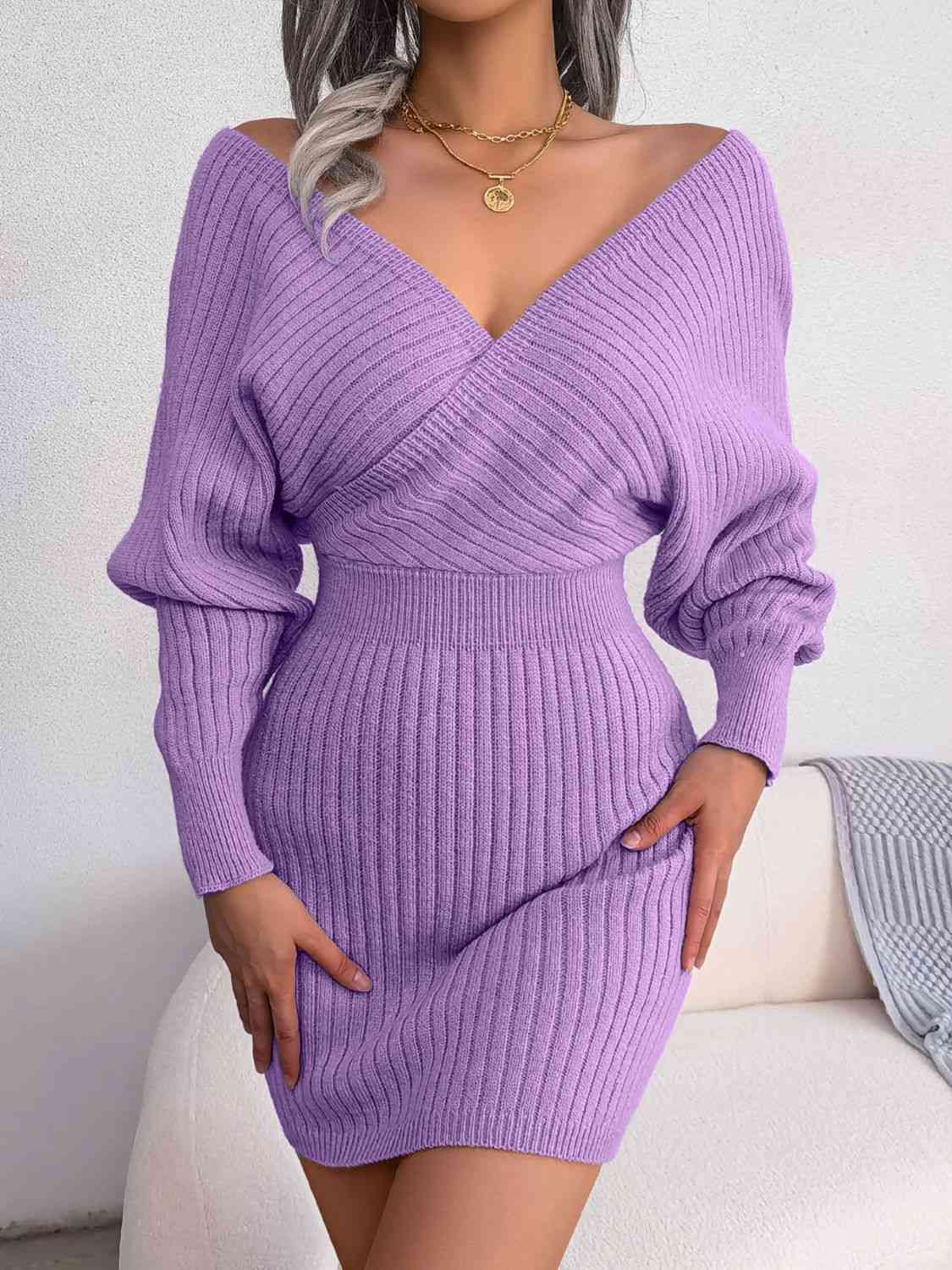 Rib-Knit Dolman Sleeve Sweater Dress Bazaarbey