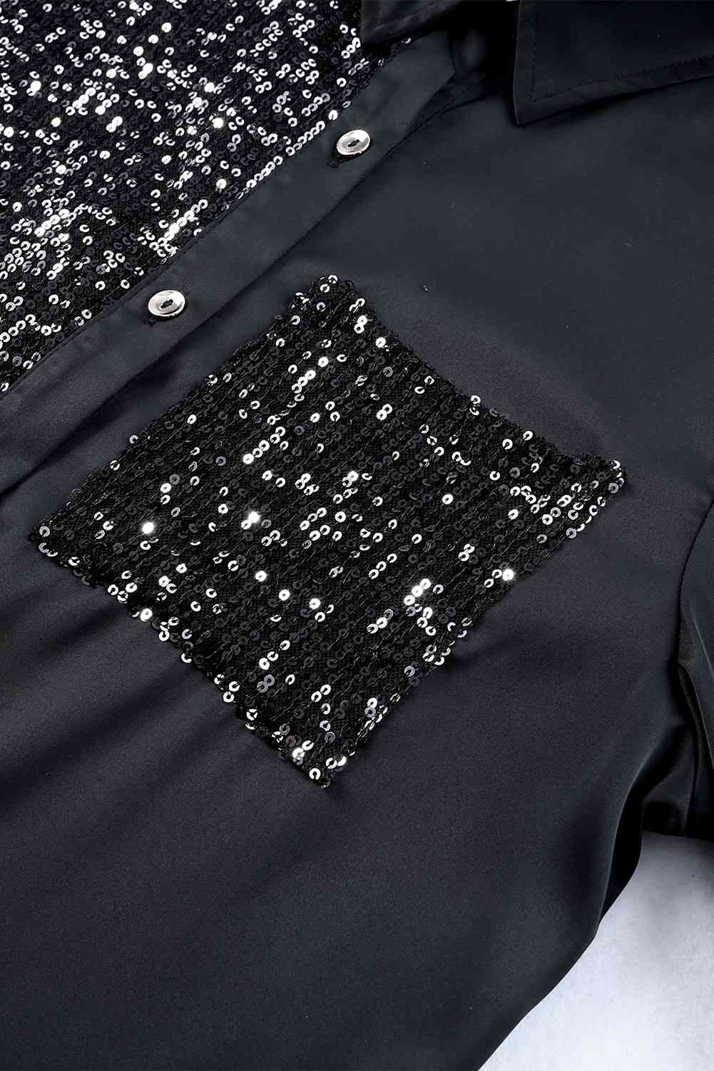 Sequin Button Front High-Low Shirt Dress -BazaarBey - www.shopbazaarbey.com