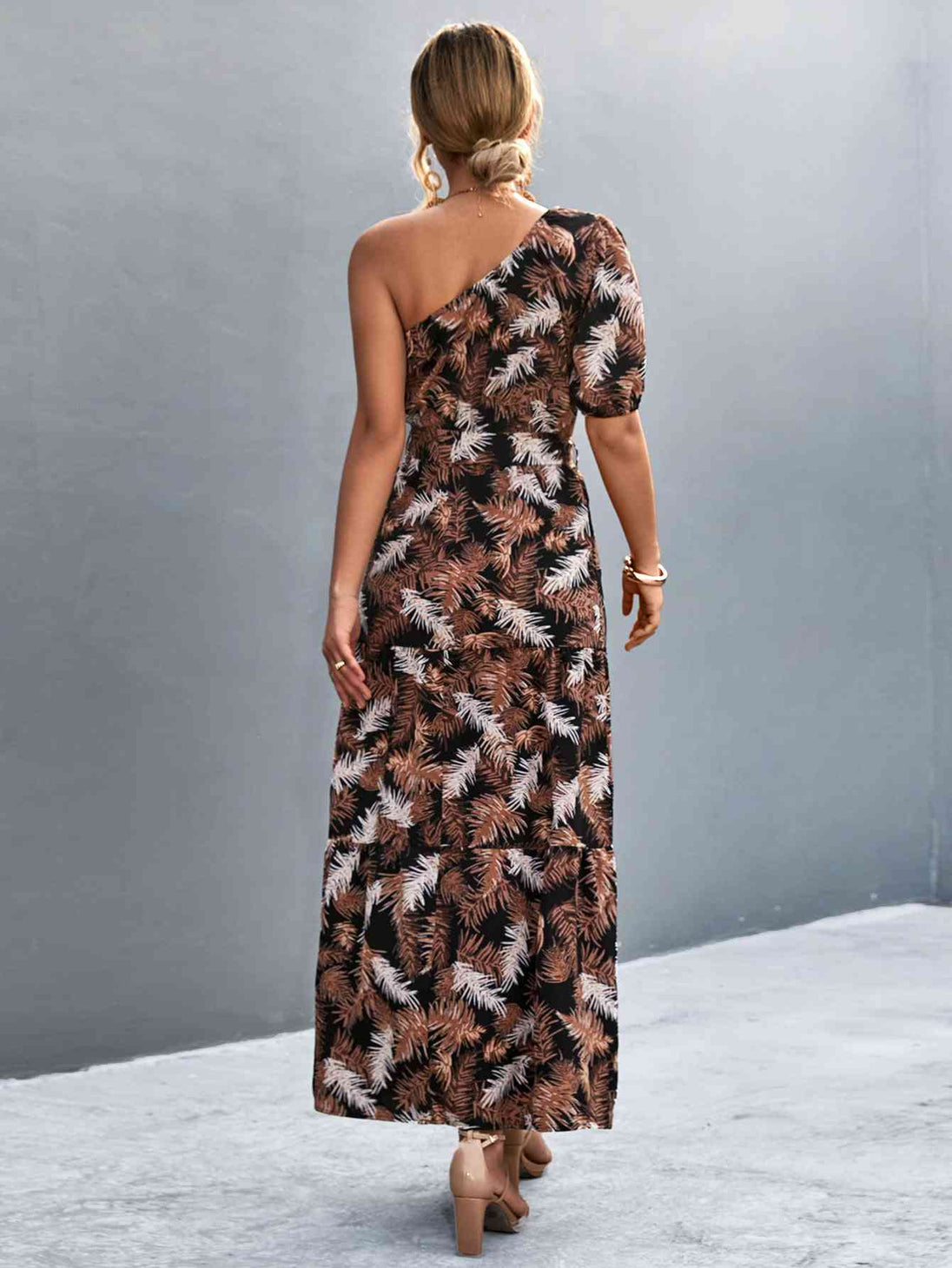 Printed Tie Waist One Shoulder Maxi Dress Bazaarbey