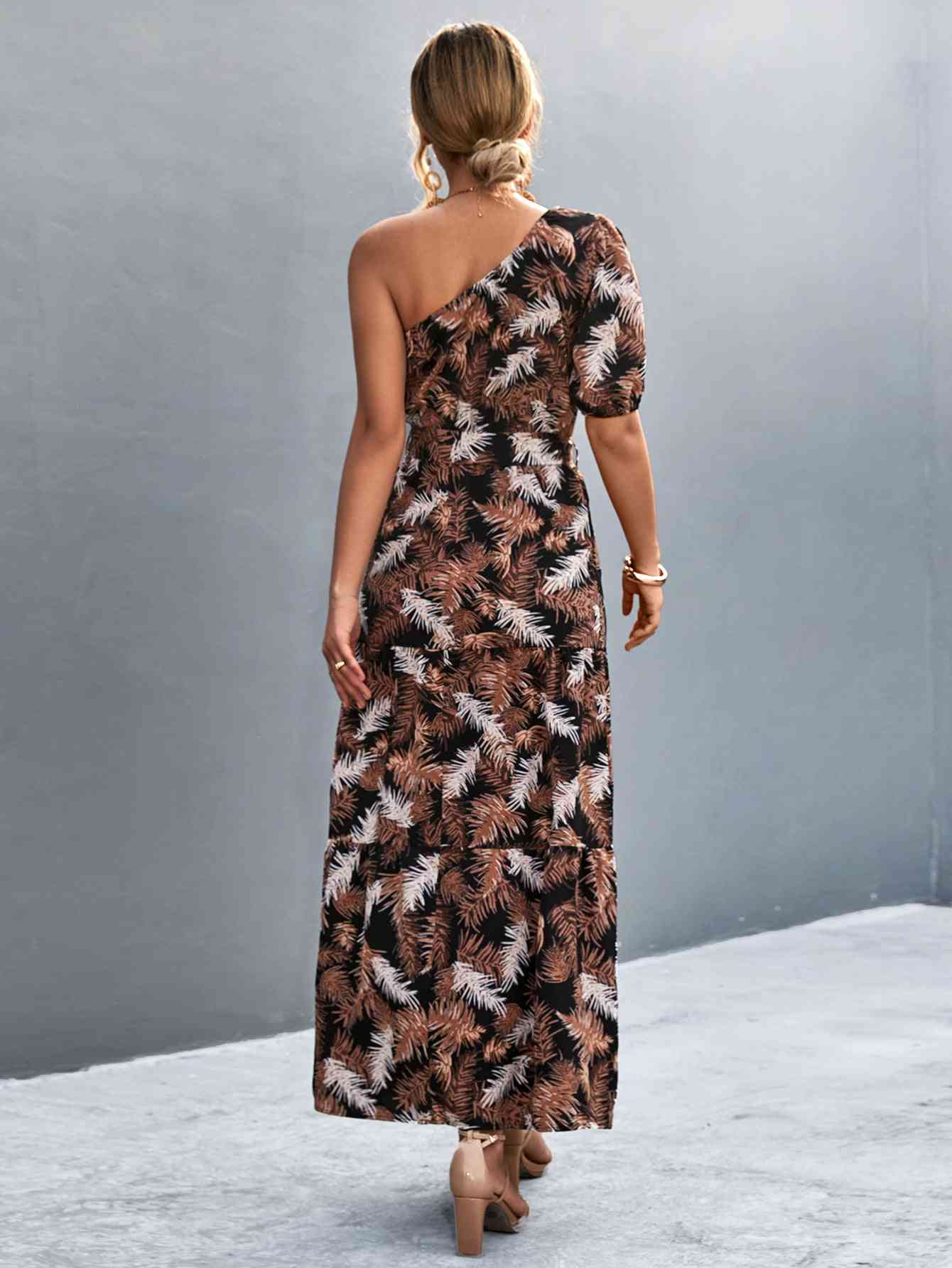 Printed Tie Waist One Shoulder Maxi Dress Bazaarbey