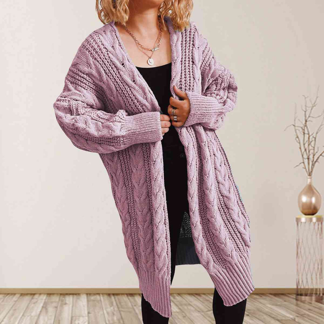 Cable-Knit Open Front Dropped Shoulder Cardigan Trendsi