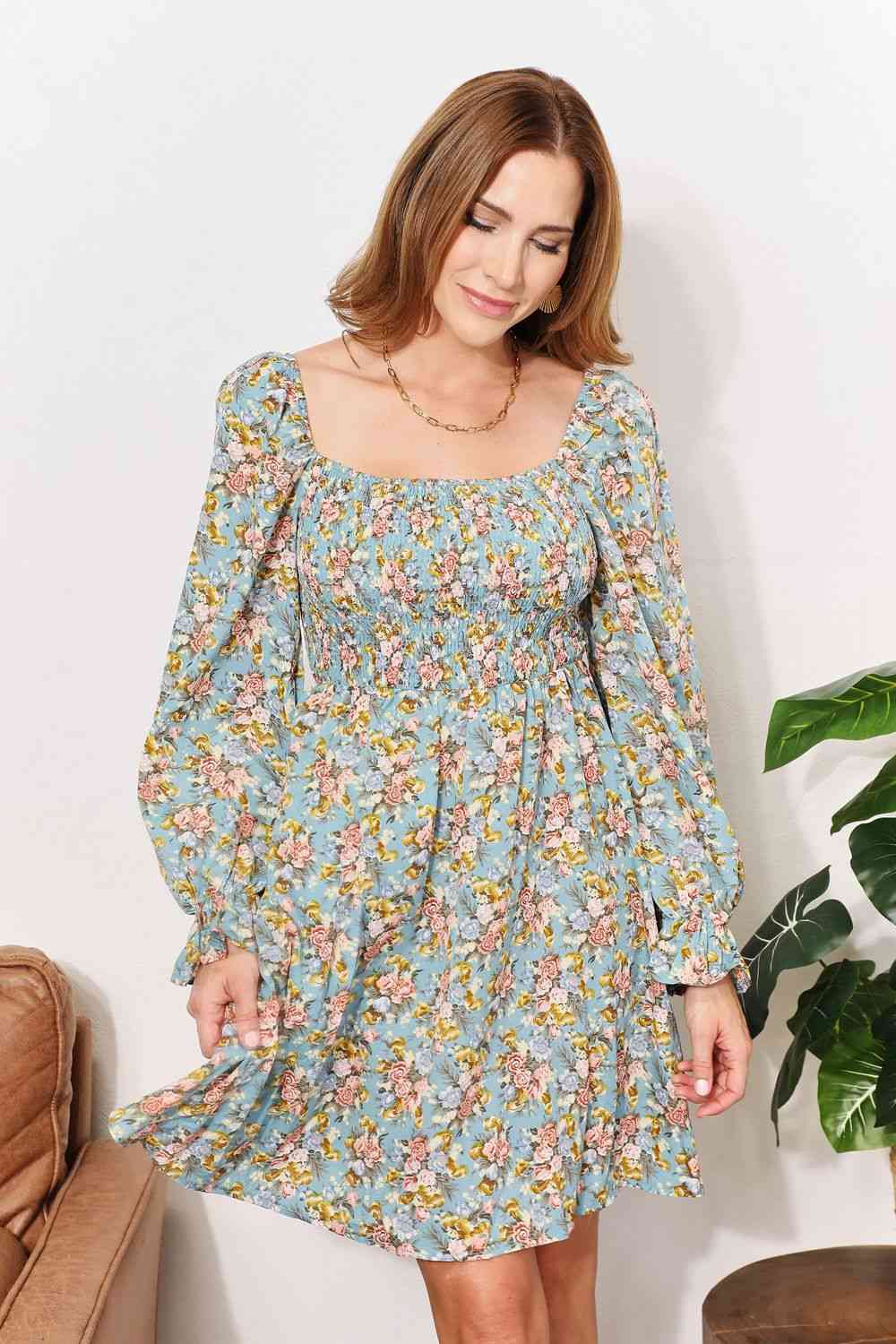  Floral Smocked Flounce Sleeve Square Neck Dress -BazaarBey - www.shopbazaarbey.com