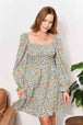  Floral Smocked Flounce Sleeve Square Neck Dress -BazaarBey - www.shopbazaarbey.com