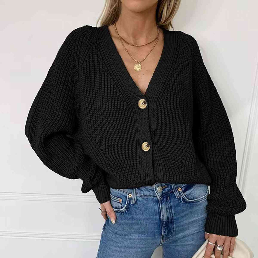 Button Up V-Neck Long Sleeve Cardigan Bazaarbey