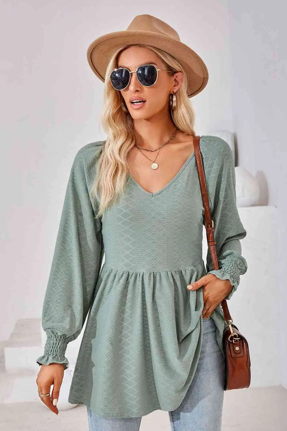 V-Neck Lantern Sleeve Blouse Bazaarbey