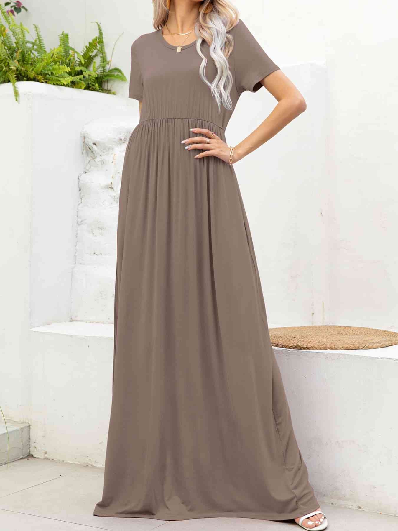 Round Neck Short Sleeve Maxi Dress with Pockets -BazaarBey - www.shopbazaarbey.com
