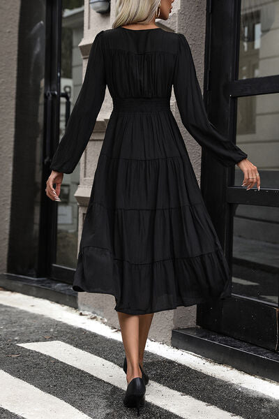 Tiered Ruched Button Up Midi Dress -BazaarBey - www.shopbazaarbey.com