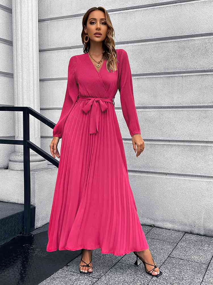 V-Neck Tie Waist Pleated Maxi Dress Bazaarbey