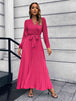 V-Neck Tie Waist Pleated Maxi Dress Bazaarbey