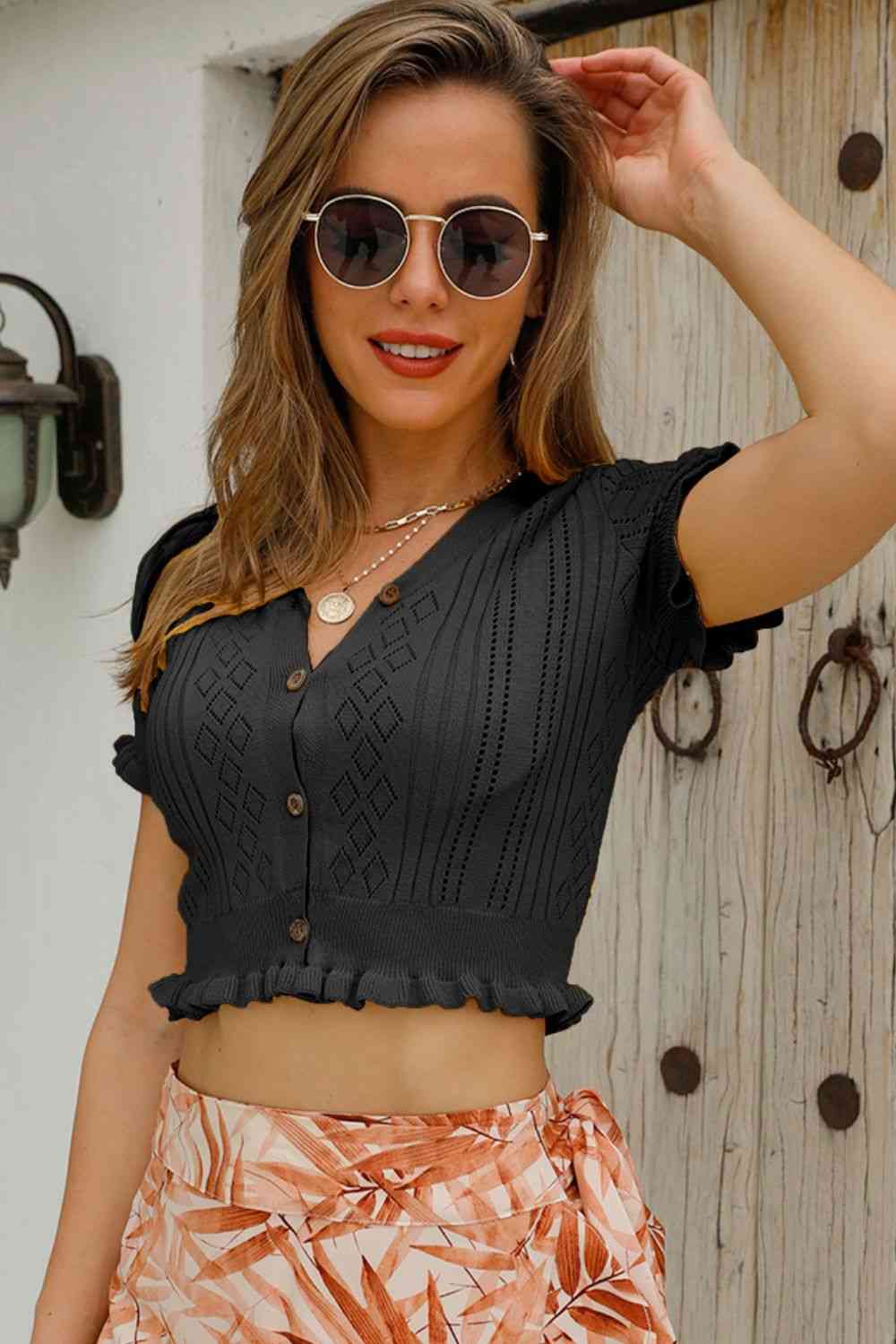 Buttoned Frill Hem Cropped Knit Top Trendsi