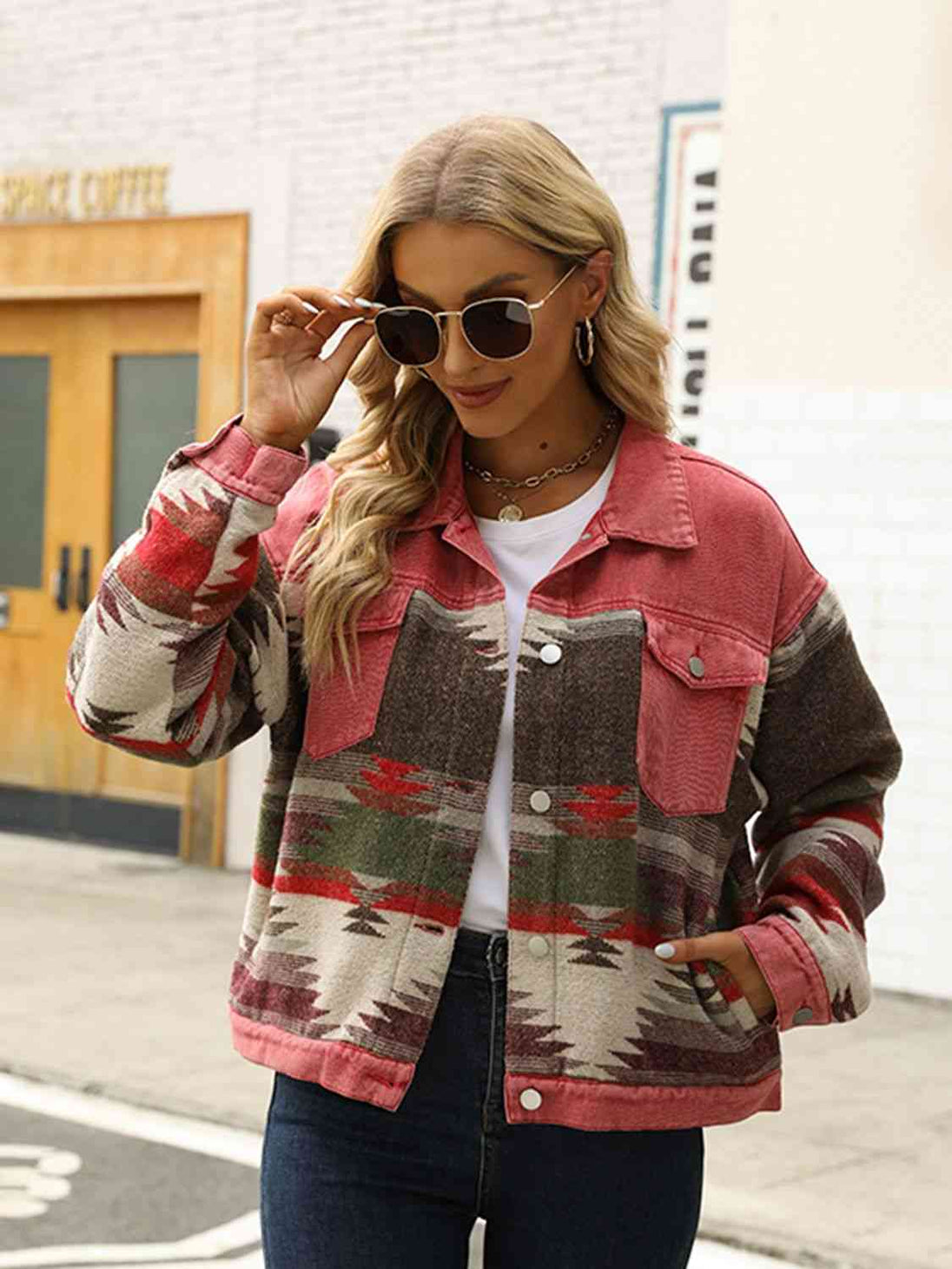 Printed Dropped Shoulder Long Sleeve Denim Jacket Bazaarbey