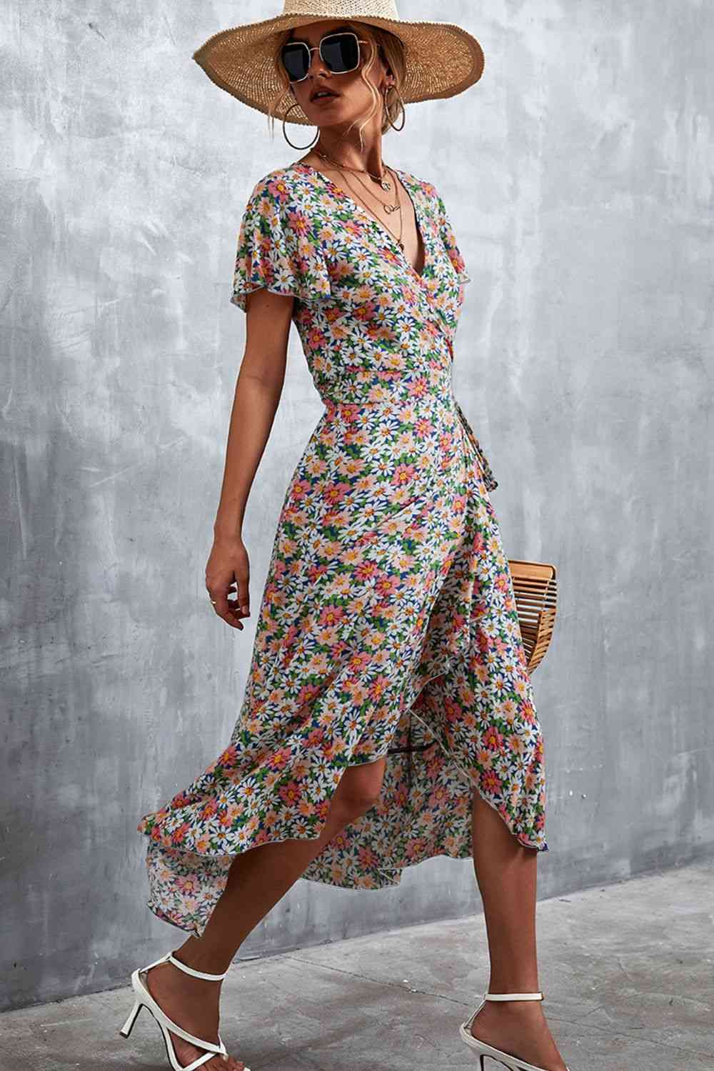 Floral  Neck Tied Midi Dress -BazaarBey - www.shopbazaarbey.com