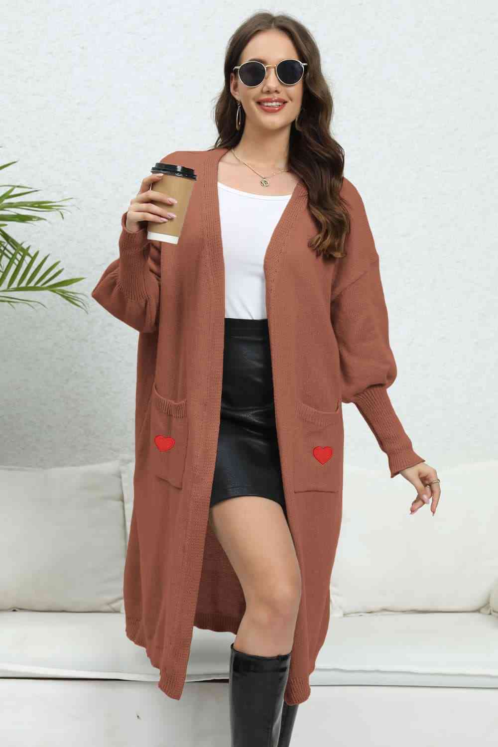 Lantern Sleeve Open Front Pocketed Cardigan Trendsi