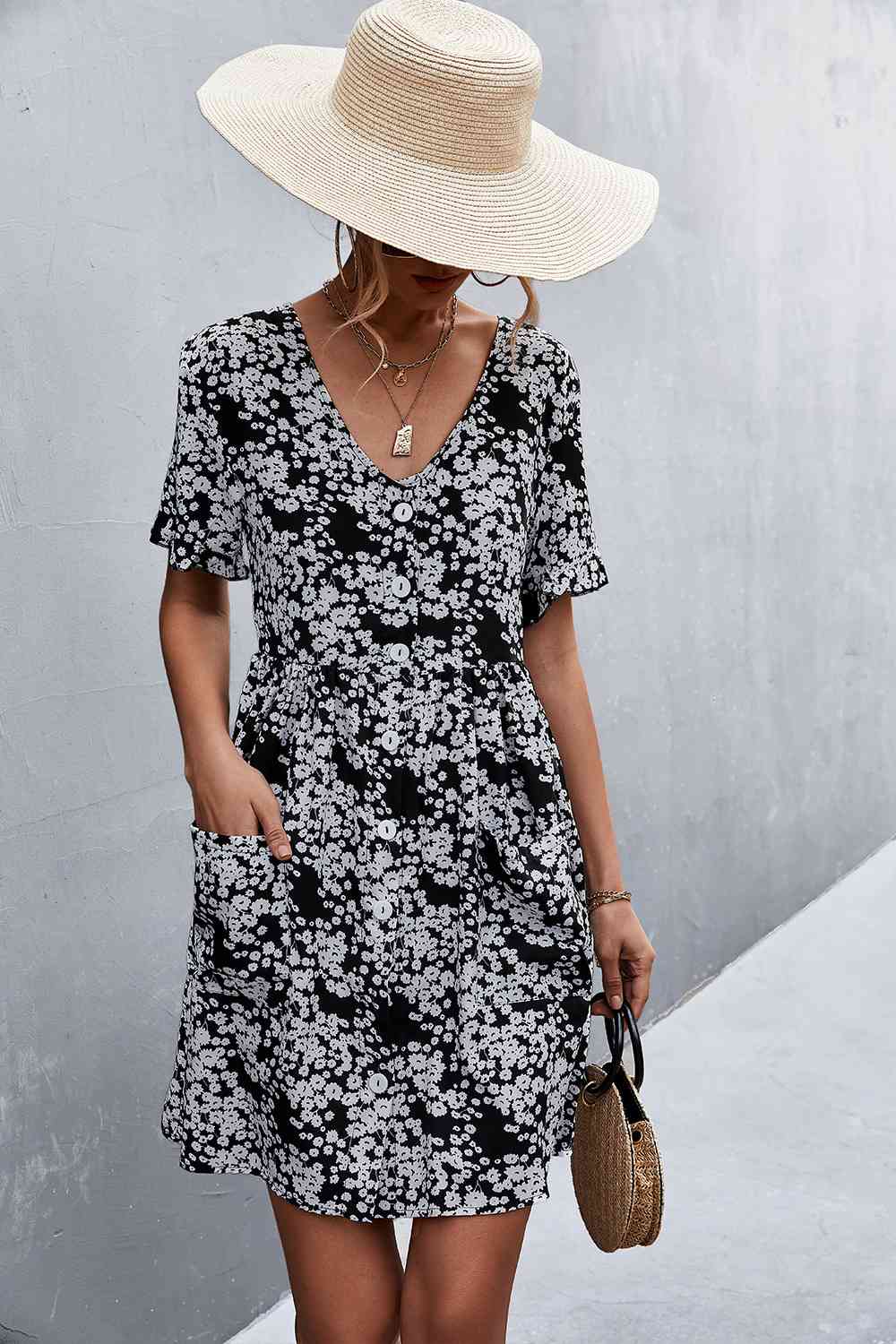 Printed Button down Pocketed Dress -BazaarBey - www.shopbazaarbey.com
