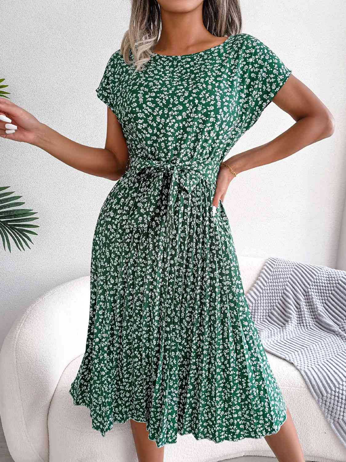  Floral Pleated Belted Dress -BazaarBey - www.shopbazaarbey.com