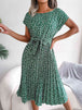  Floral Pleated Belted Dress -BazaarBey - www.shopbazaarbey.com