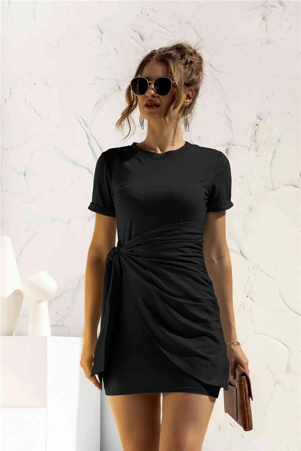 Round Neck Cuffed Sleeve Side Tie Dress -BazaarBey - www.shopbazaarbey.com
