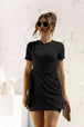 Round Neck Cuffed Sleeve Side Tie Dress -BazaarBey - www.shopbazaarbey.com