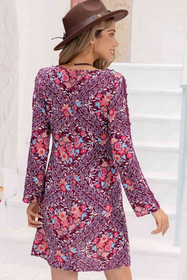 V-Neck Long Sleeve Printed Mini Dress -BazaarBey - www.shopbazaarbey.com