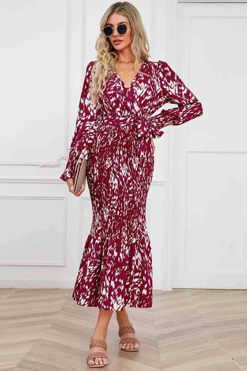 Printed V-Neck Smocked Midi Dress -BazaarBey - www.shopbazaarbey.com