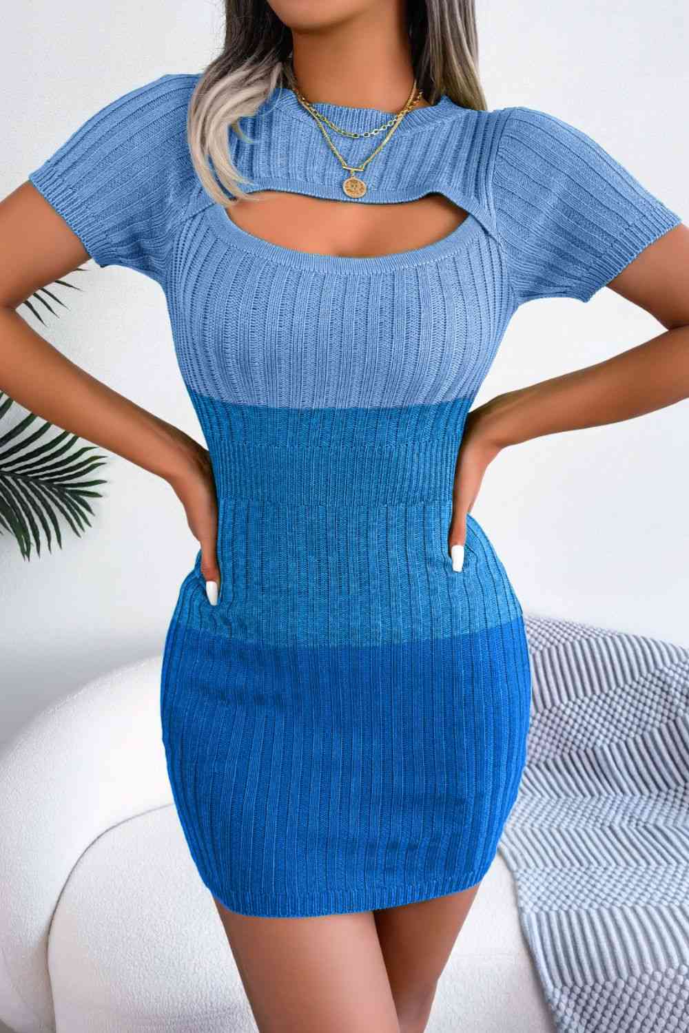 Color Block Cutout Short Sleeve Sweater Dress -BazaarBey - www.shopbazaarbey.com