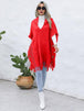 Fringe Trim Buttoned Hooded Poncho Bazaarbey