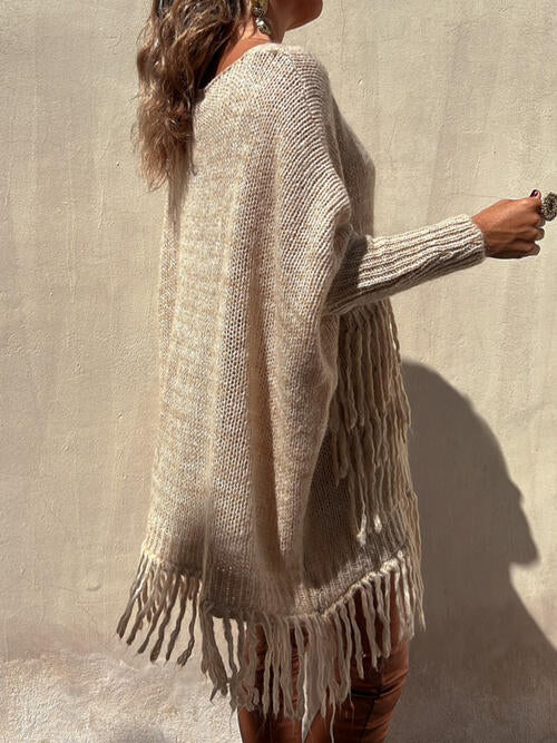 Fringe Detail Long Sleeve Sweater with Pockets Bazaarbey