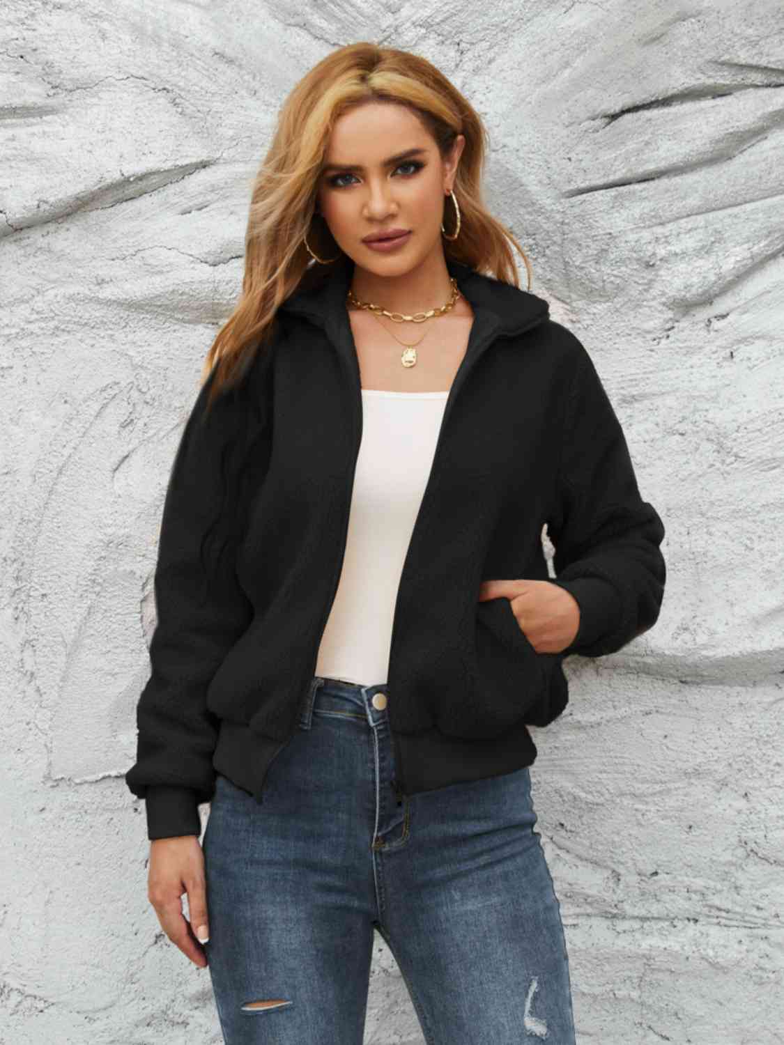 Zip Up Collared Neck Long Sleeve Jacket Trendsi