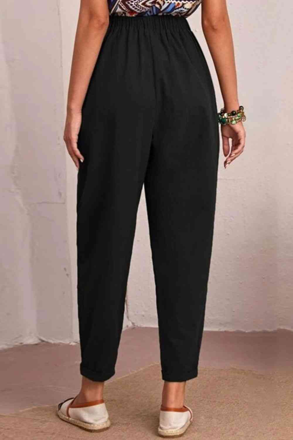 Elastic Waist Pocket Tapered Pants Bazaarbey