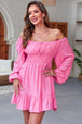 Smocked Balloon Sleeve Off-Shoulder Mini Dress -BazaarBey - www.shopbazaarbey.com