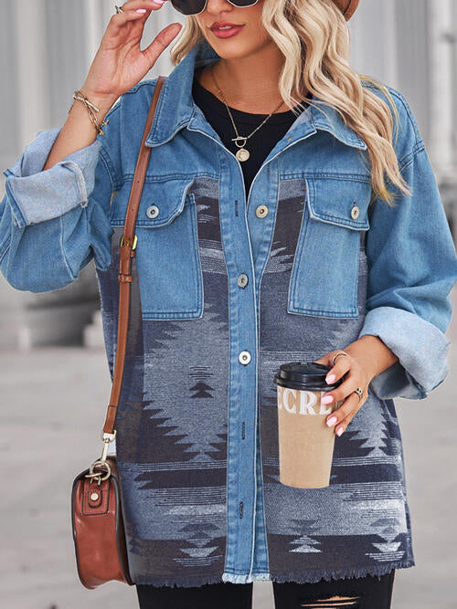 Geometric Raw Hem Button Up Denim Jacket Bazaarbey