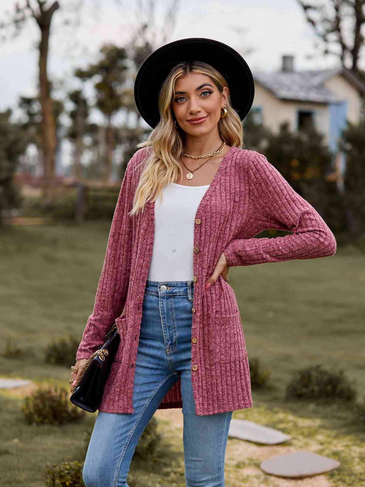 Ribbed Button-Up Cardigan with Pockets Trendsi
