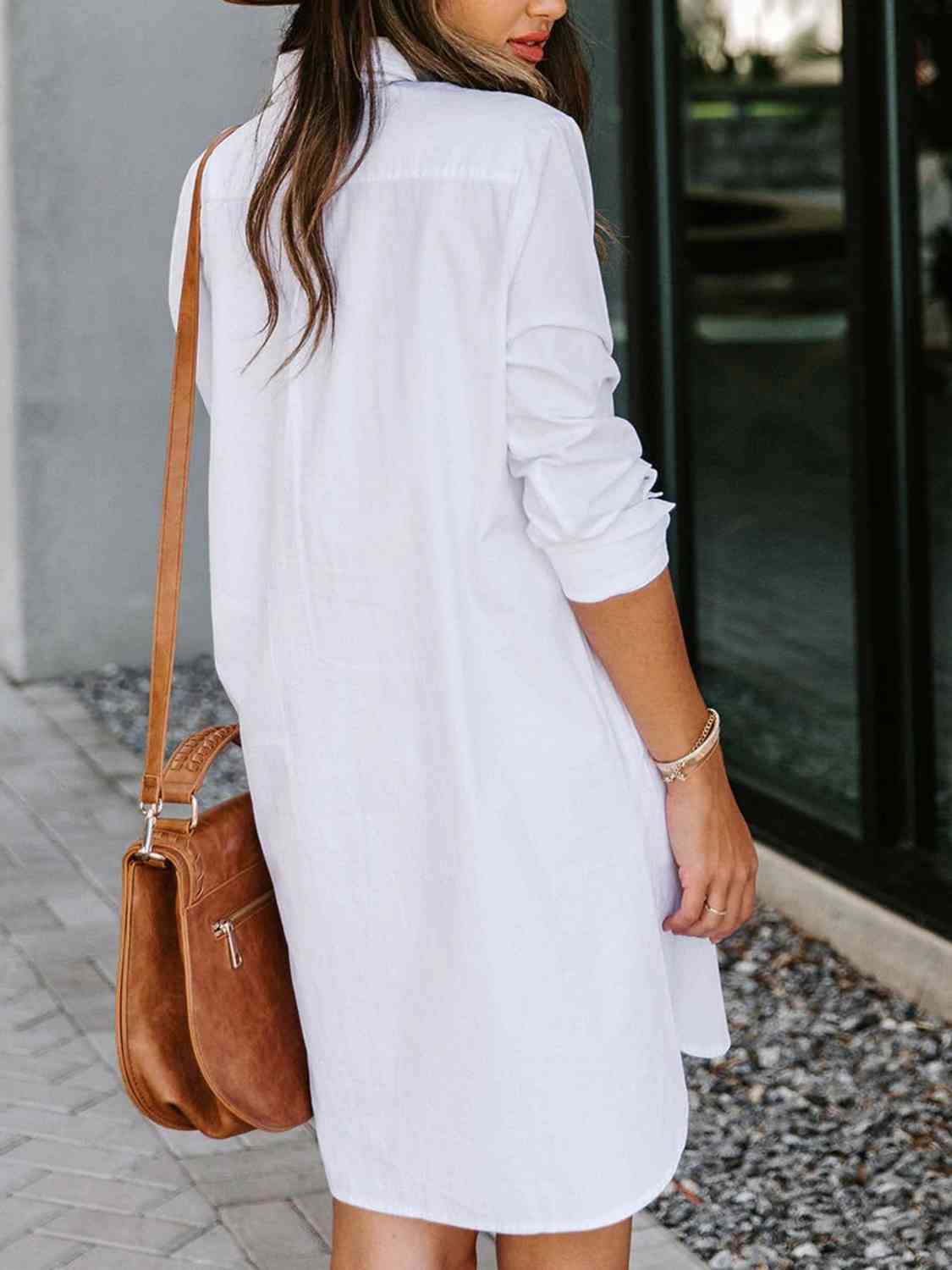 Button Up Collared Neck Long Sleeve Shirt Dress -BazaarBey - www.shopbazaarbey.com
