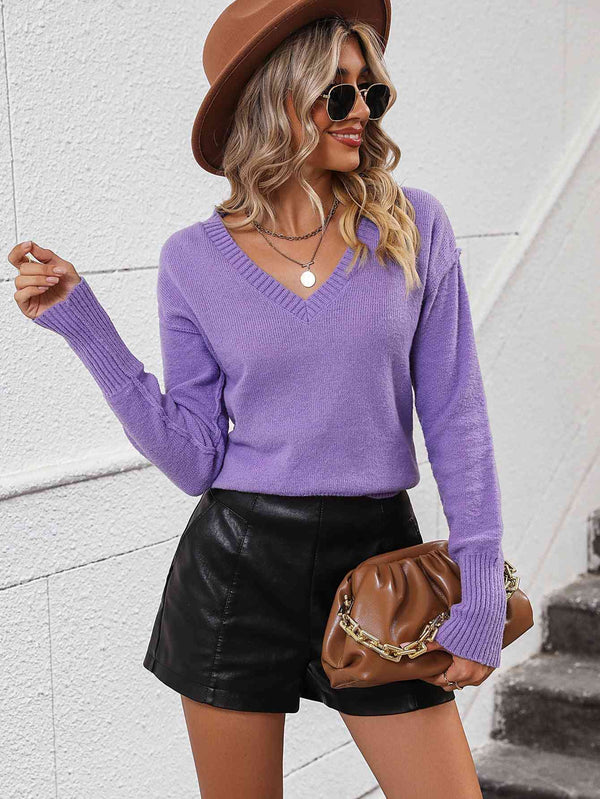 BazaarBey V-Neck Dropped Shoulder Long Sleeve Knit Top Bazaarbey