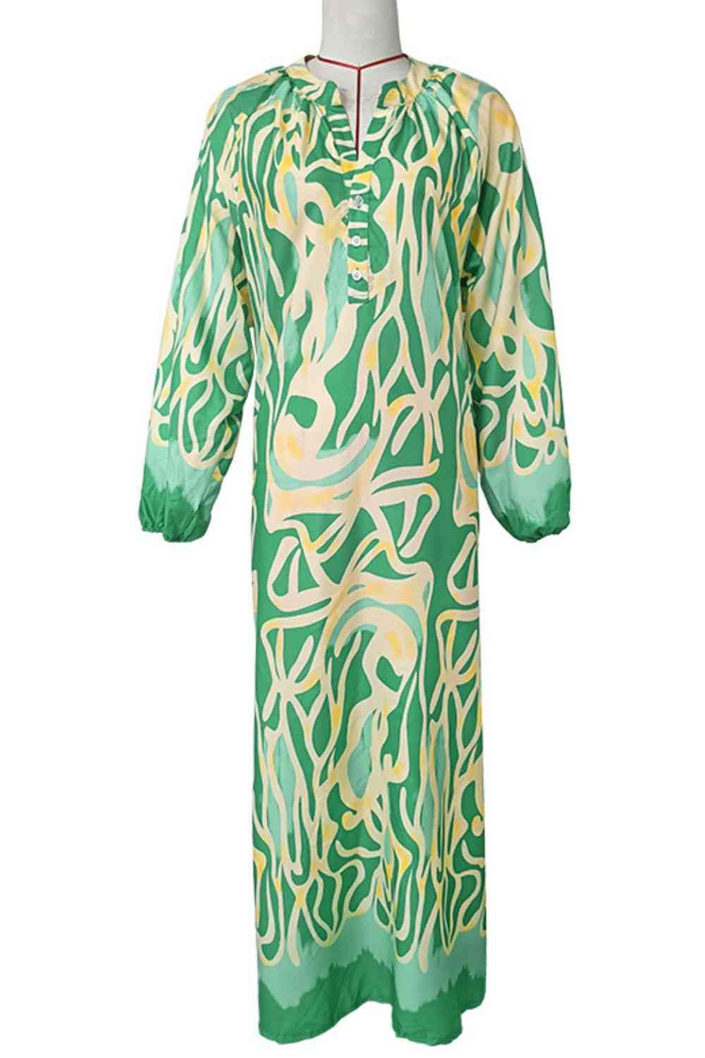 Abstract Print Buttoned Balloon Sleeve Dress Bazaarbey