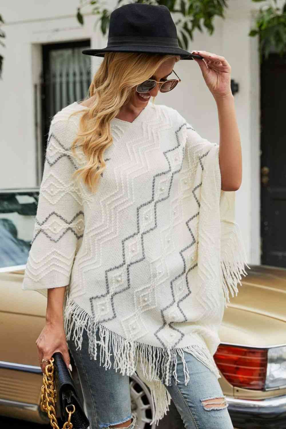 Pearl Trim V-Neck Fringe Hem Poncho Bazaarbey