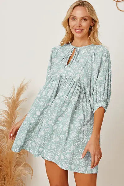 Floral Tie Neck Ruched Babydoll Dress -BazaarBey - www.shopbazaarbey.com