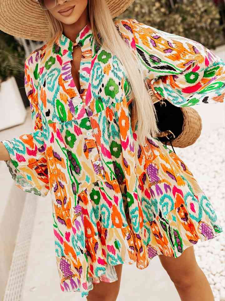 Printed Buttoned Long Sleeve Dress -BazaarBey - www.shopbazaarbey.com