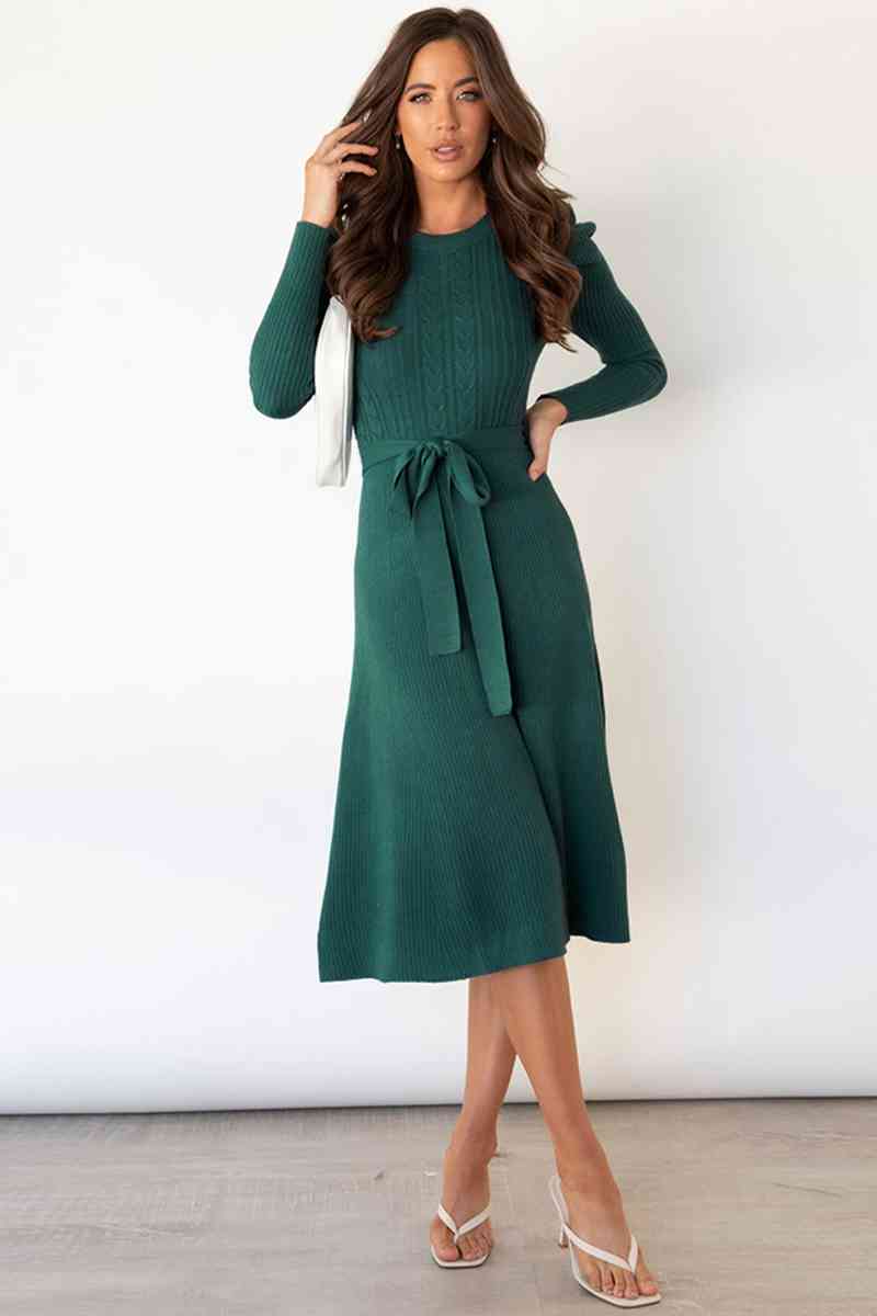 Round Neck Long Sleeve Tie Waist Sweater Dress Bazaarbey