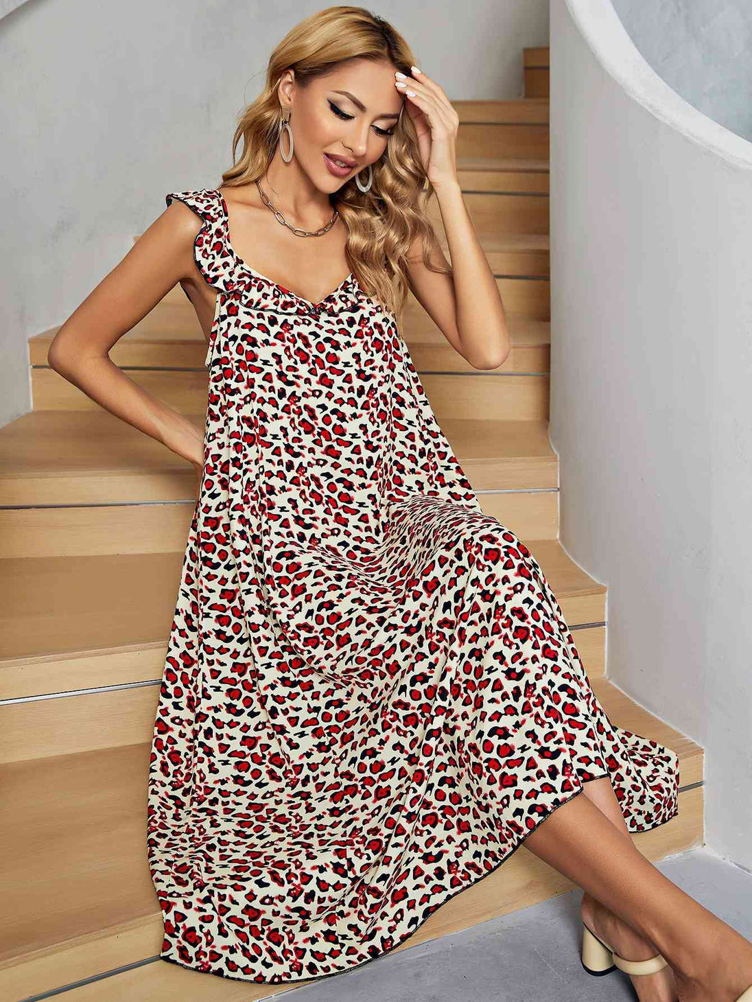 Printed Ruffled Sleeveless Midi Dress -BazaarBey - www.shopbazaarbey.com