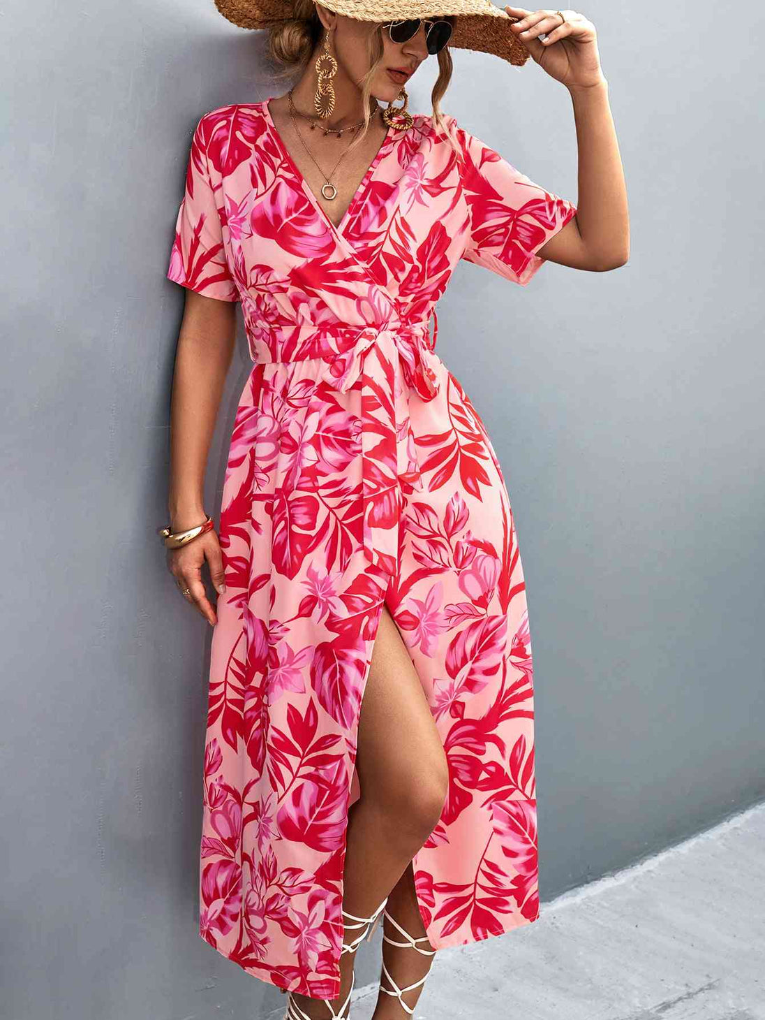 Floral Print High Slit  Neck Tie Waist Midi Dress -BazaarBey - www.shopbazaarbey.com