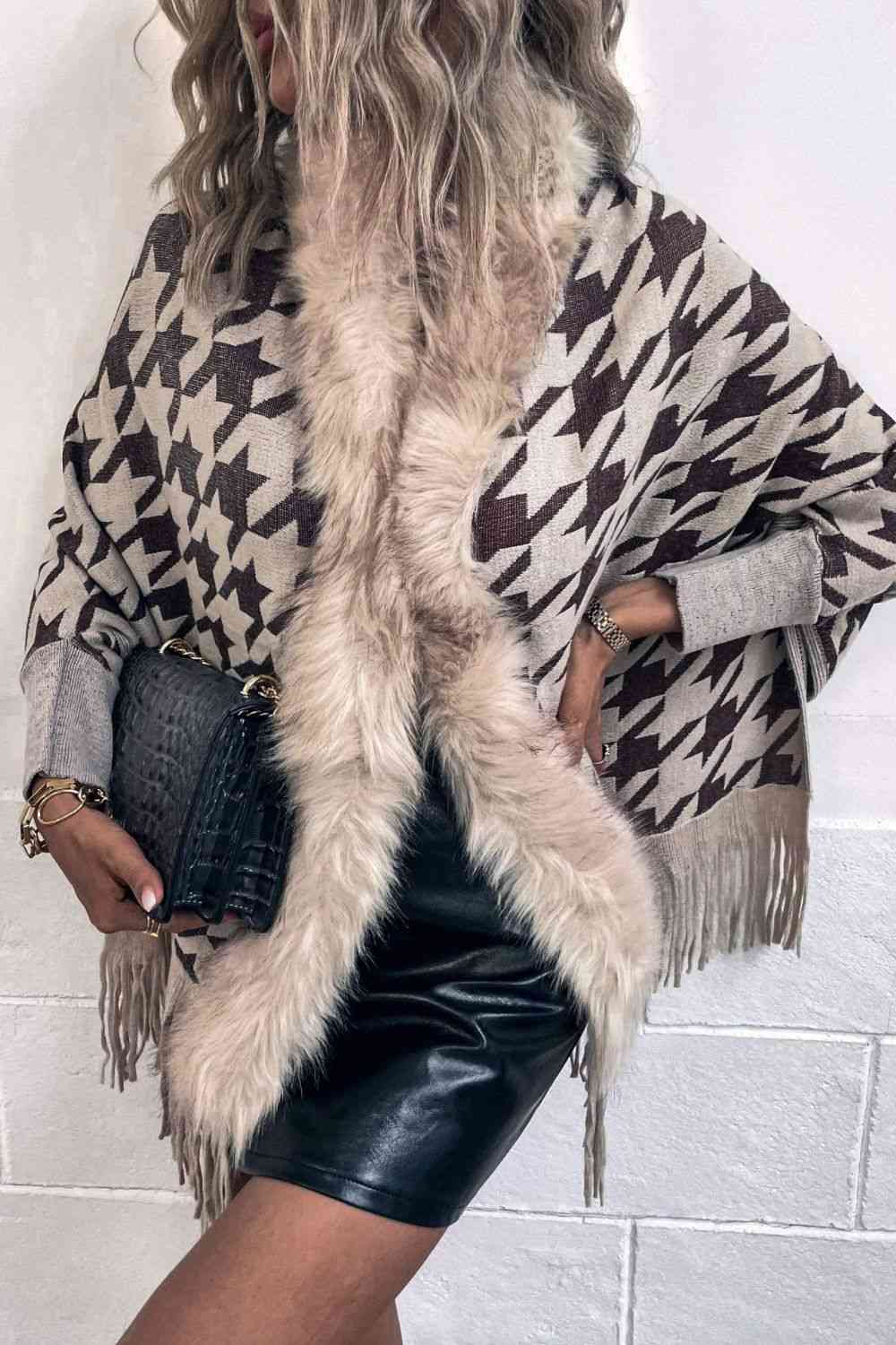 Houndstooth Fringe Hem Poncho Bazaarbey