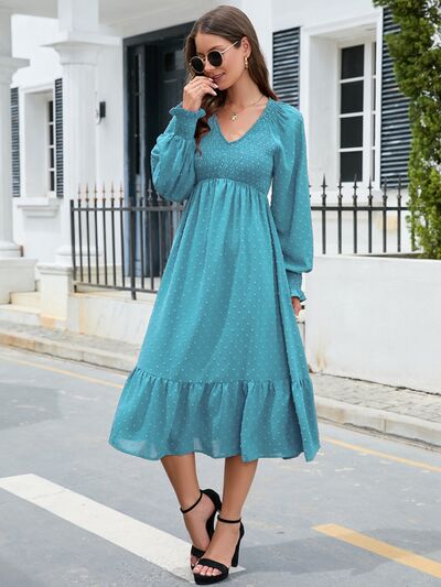  V-Neck Smocked Lantern Sleeve Ruffle Hem Dress -BazaarBey - www.shopbazaarbey.com